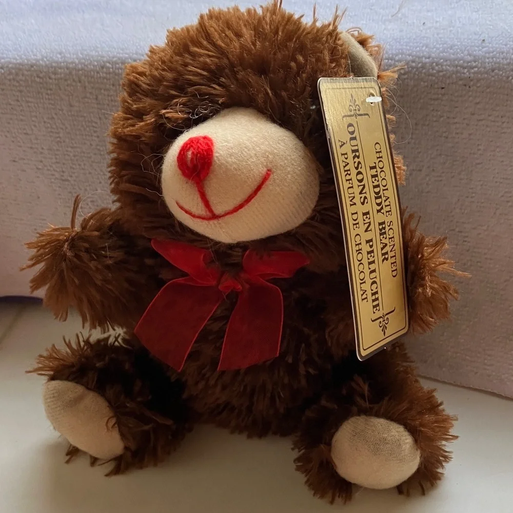 Chocolate Scented 6” Stuffed Teddy Bear w/tag-red ribbon-no real scent left